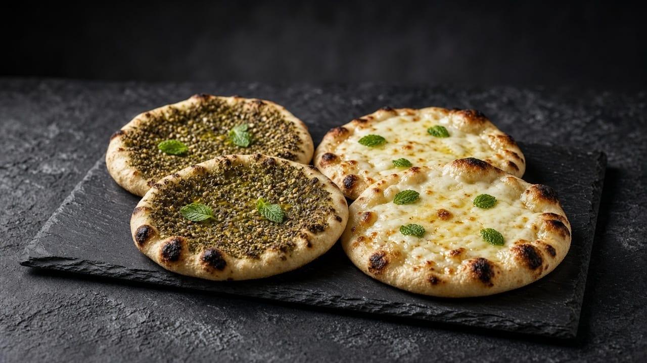 Four thin, puffy flatbreads with charred spots on a slate board, two spread with green za'atar and two with melted cheese, scattered with small mint leaves.