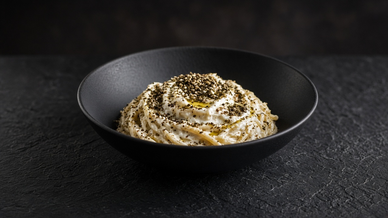 Spaghetti in a creamy white labneh sauce covered with green-brown za'atar and a drizzle of olive oil.