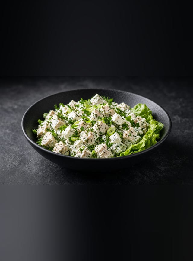Diced chicken in a creamy white dressing with green dill, spring onions and white feta cubes, served with lettuce leaves.