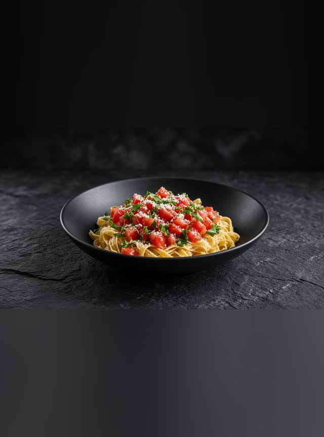 Fresh fettuccine topped with a chunky raw red tomato and herb sauce.