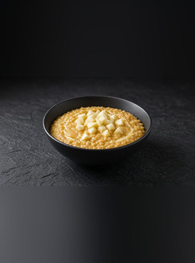 A bowl of golden pumpkin oatmeal swirled with apple sauce and topped with diced fresh apple.