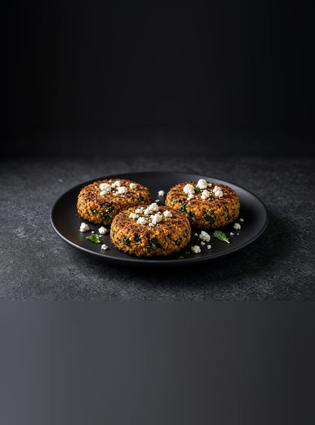 Three burnished golden-brown patties speckled with green spinach and topped with crumbled white cheese.