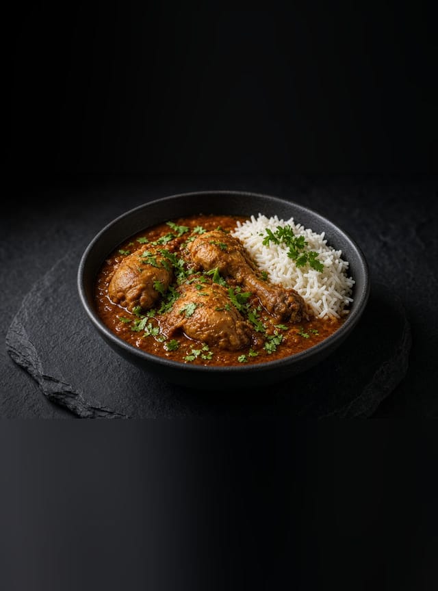 A bowl of chicken curry in a rich red-brown sauce scattered with coriander, with white rice on the side.