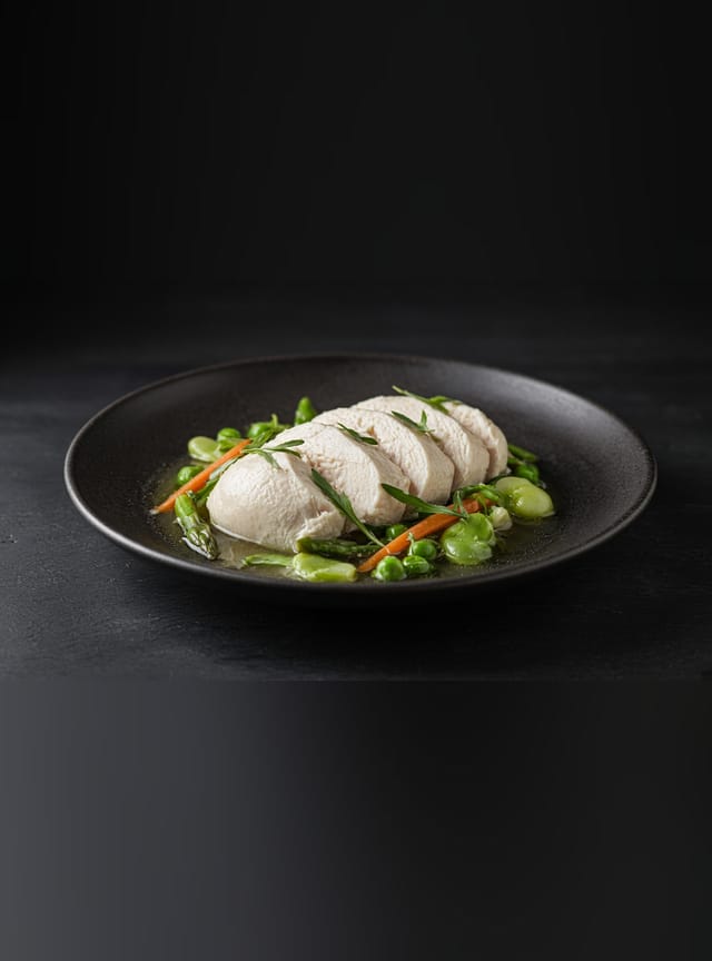 Slices of pale, moist poached chicken breast on a dark plate with bright green vegetables.
