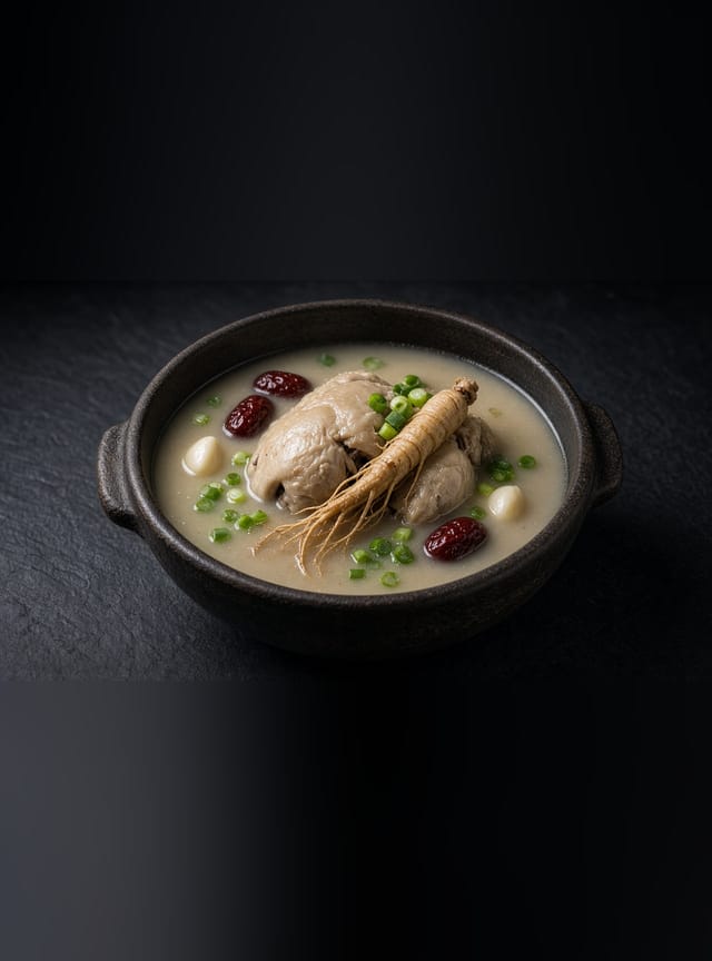 A whole stuffed poussin in a bowl of clear broth with ginseng root, jujubes and sliced spring onion.