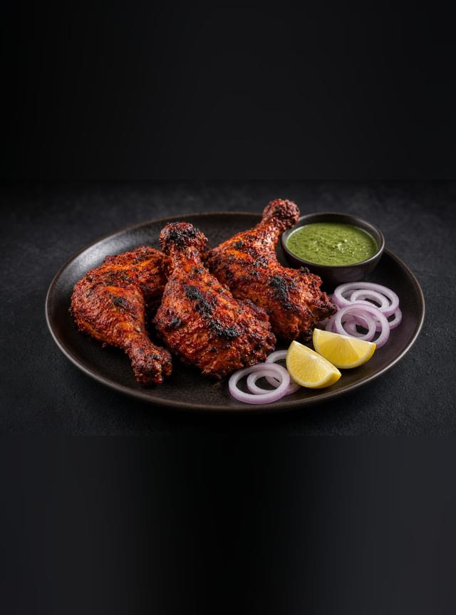 Charred, deep red tandoori chicken legs on a platter with red onion rings, lemon wedges and a bowl of bright green mint chutney.