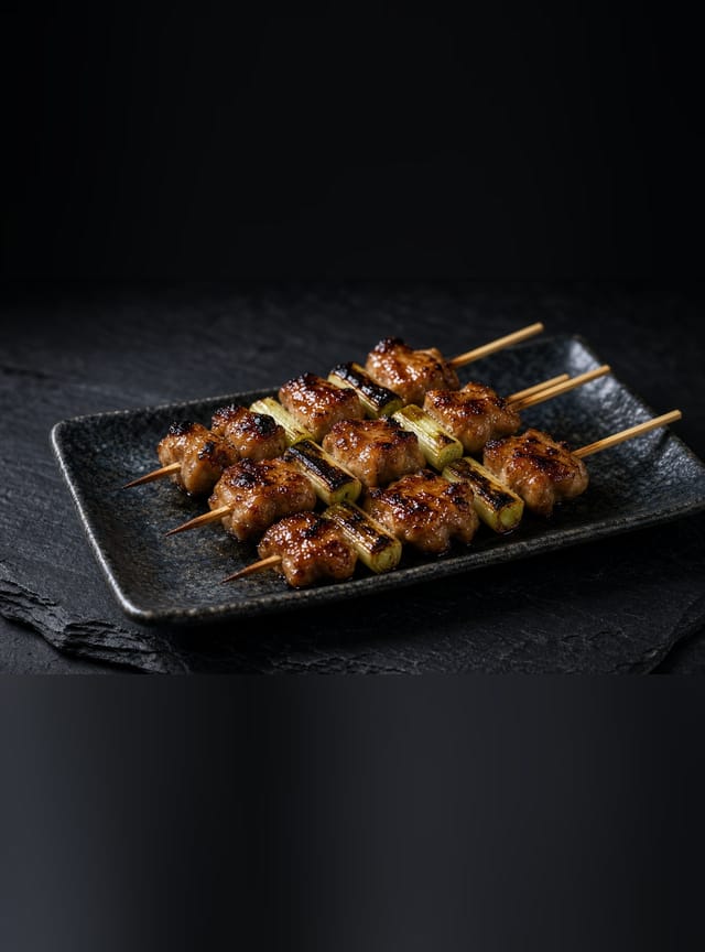 Glossy, lightly charred chicken and spring onion skewers glazed with a dark soy tare on a black tray.