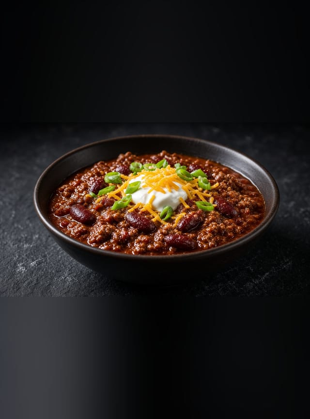 A dark bowl of beef and bean chilli topped with soured cream, grated cheese and sliced spring onion.