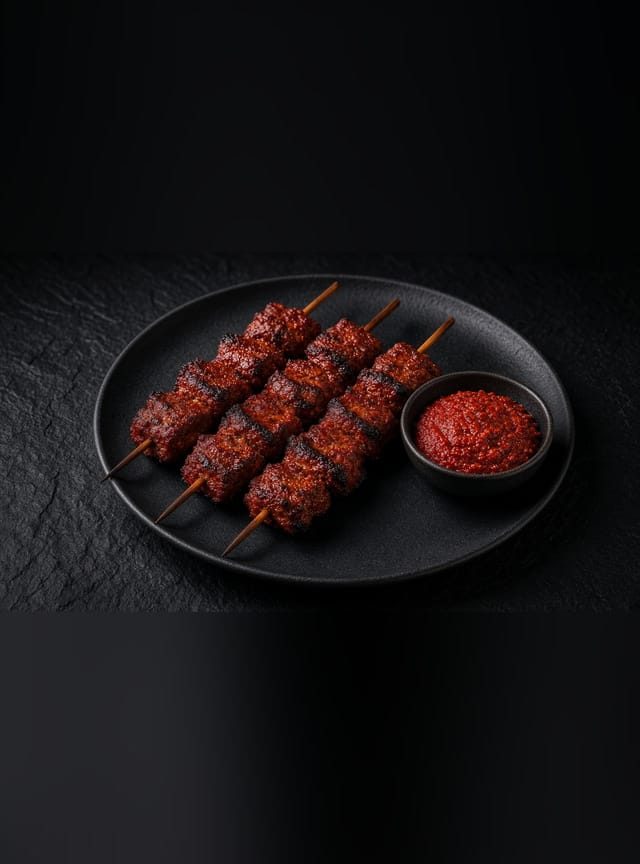 Three wooden skewers of charred, deep-red spiced beef with a small bowl of harissa dip on a black plate.