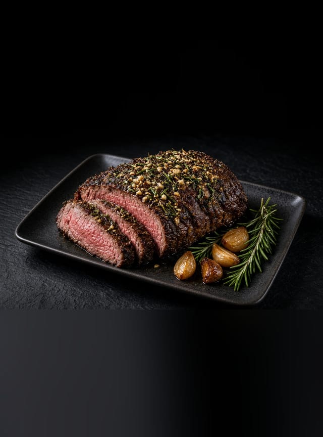 Sliced roast beef with a green herb crust, surrounded by roasted garlic cloves and rosemary sprigs.