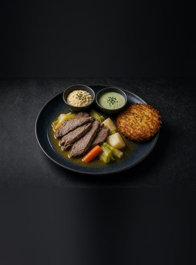 Sliced simmered beef in clear broth with carrot, celery and leek, with apple-horseradish and chive sauces and a potato rösti.
