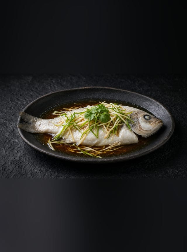 A whole steamed sea bass in a dark soy sauce, topped with shredded ginger, spring onions and coriander.