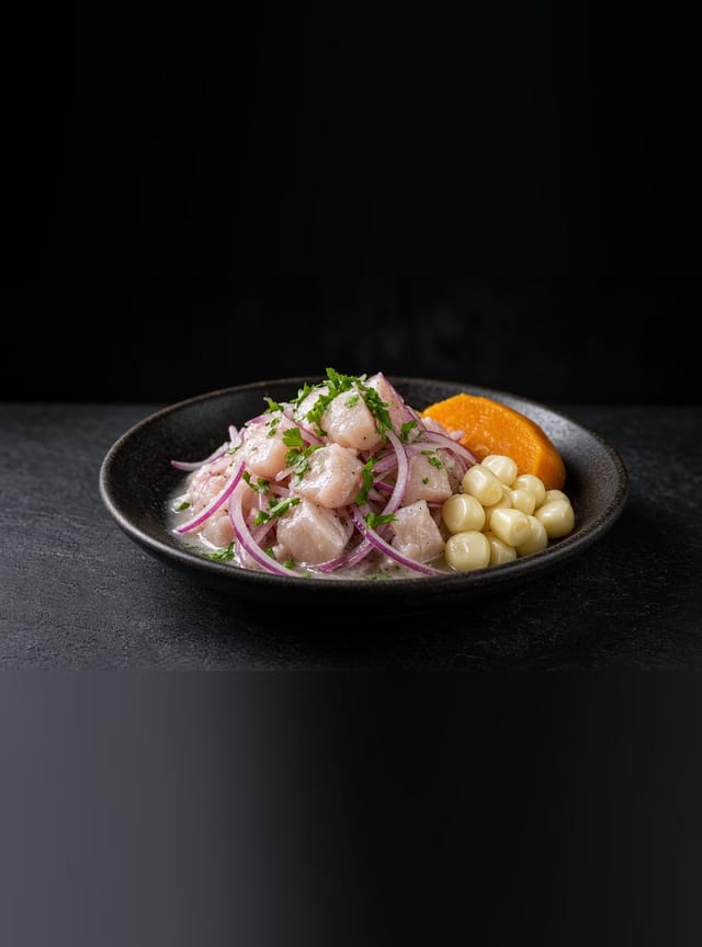 Peruvian ceviche of white fish cubes with red onion and coriander, served with a slice of sweet potato and large-kernel corn.