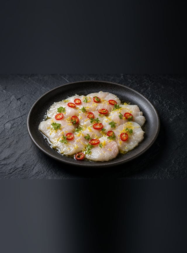 Slices of raw sea bass crudo with olive oil, lemon zest, red chilli rings and parsley.