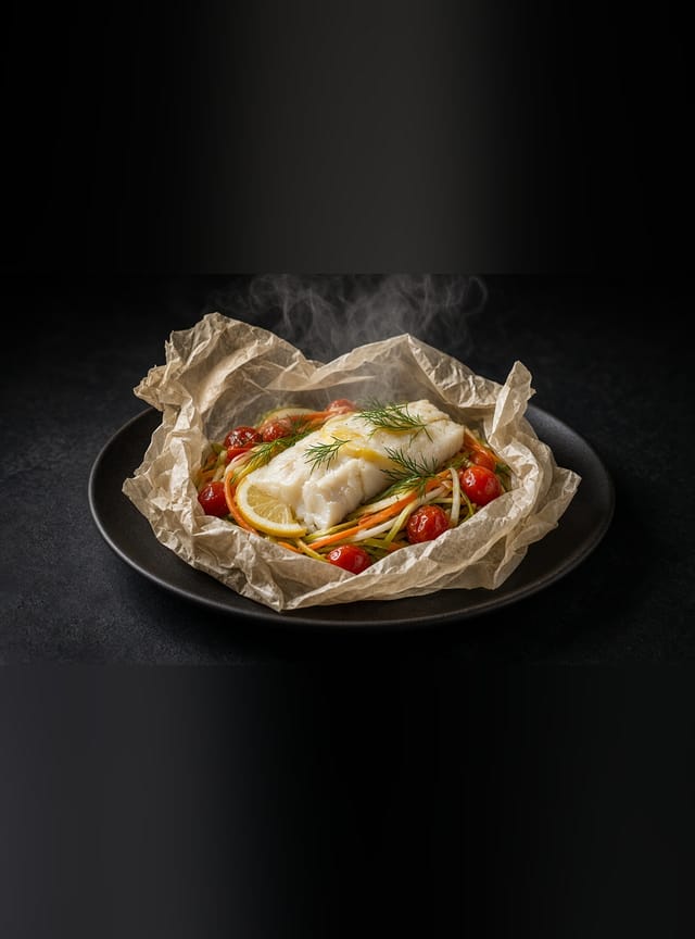 An opened parchment parcel with a white fish fillet, lemon slices, cherry tomatoes, carrot and courgette matchsticks and dill.
