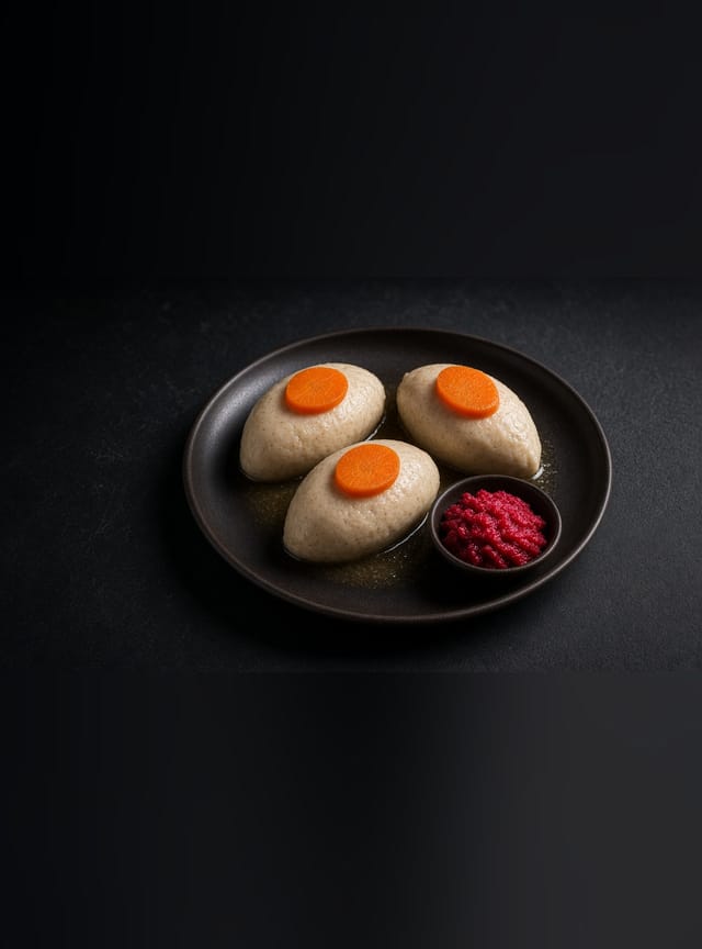 Three pale oval fish dumplings, each topped with a carrot coin, with a small bowl of red beetroot horseradish.
