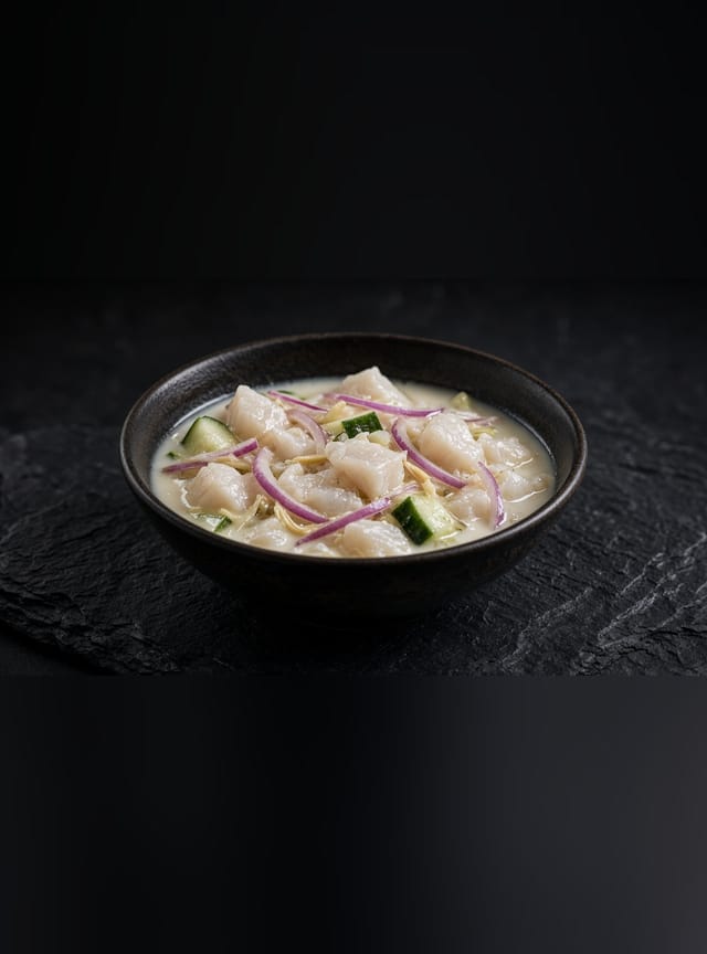 Cubes of raw white fish in coconut milk with cucumber, red onion and ginger.