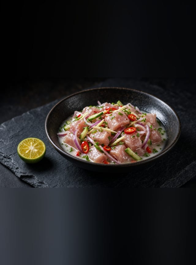 Kinilaw of raw tuna cubes in vinegar with red onion, cucumber, ginger strips, red chilli and a lime half.