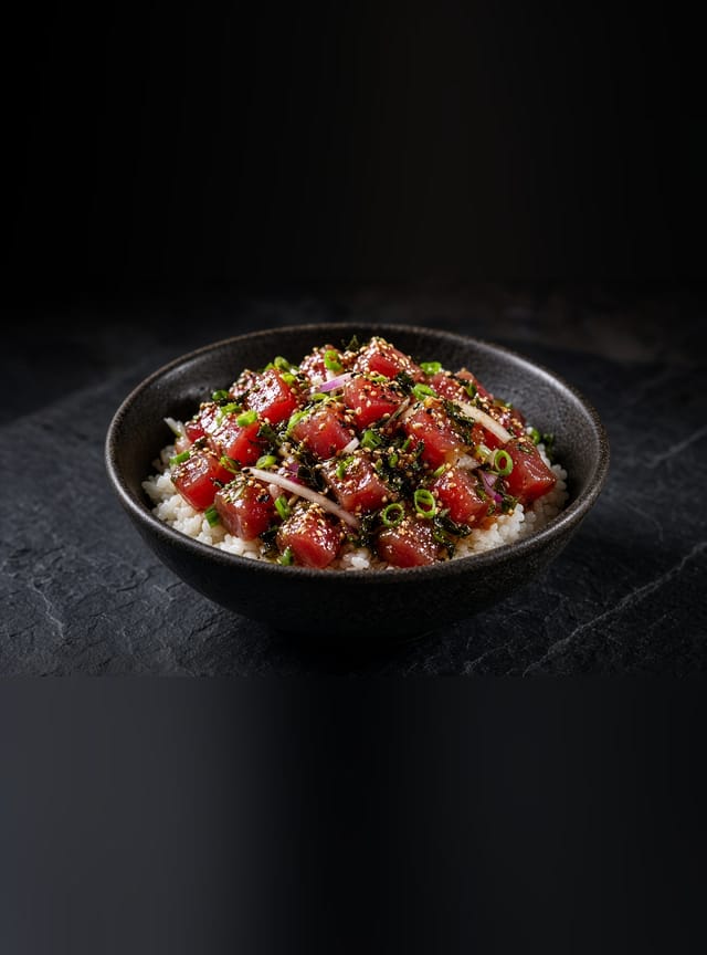 A dark bowl of tuna poke cubes with red onion, spring onion, sesame seeds and nori strips over white rice.