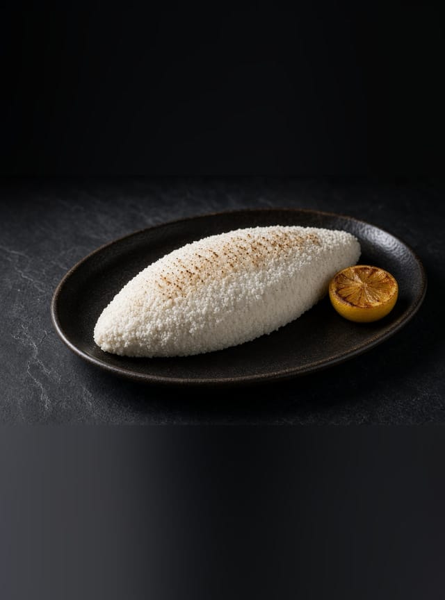 A whole fish encased in a white salt crust on a tray, with a charred lemon half.