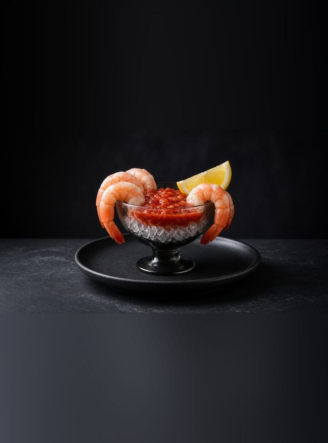 Pink poached prawns hung around a glass of red cocktail sauce with a lemon wedge.