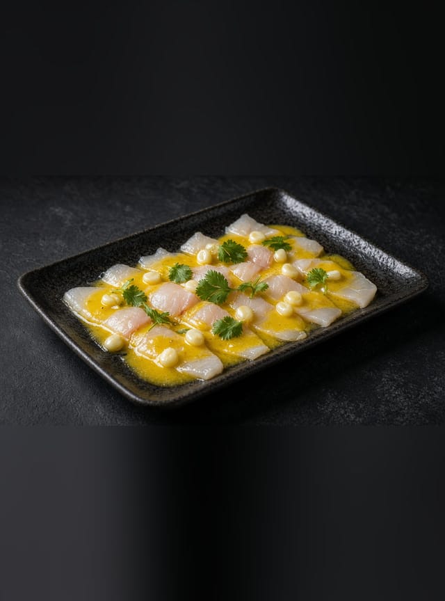 Thin slices of raw white fish in a yellow ají and lime sauce with large corn kernels and coriander on a rectangular plate.
