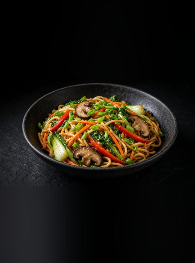 Lo mein with mushrooms, red pepper, carrot, pak choi and green beans in a black bowl on dark slate.