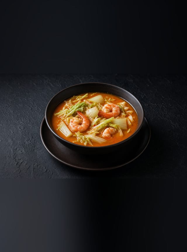 A bowl of vibrant orange-red sour curry with prawns and pale cabbage pieces in a thin, glossy broth.