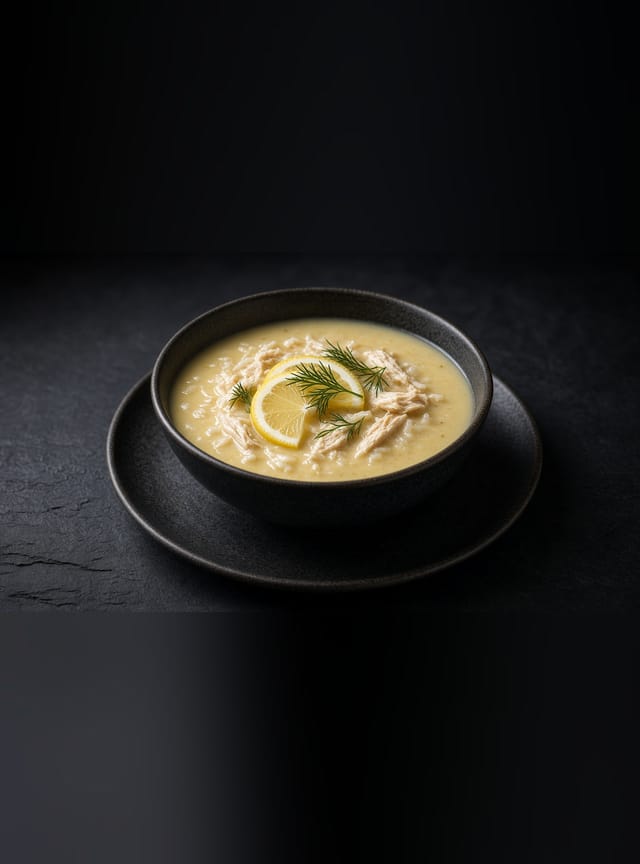 A white bowl of creamy pale-yellow chicken and rice soup with shredded chicken, chopped dill and a lemon wedge beside it.