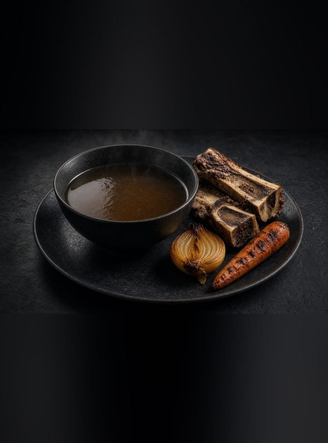 A bowl of clear brown beef stock beside roasted beef bones, a halved onion and a carrot.