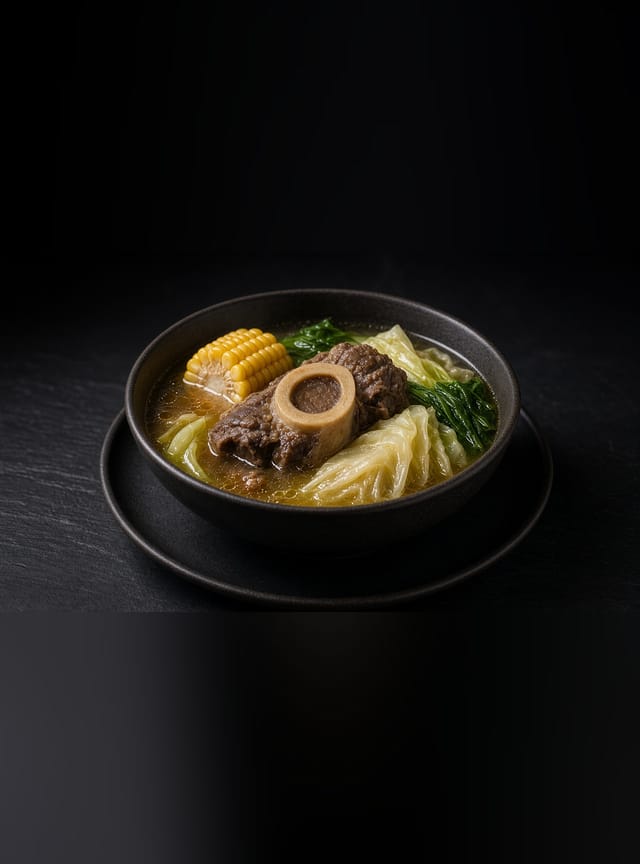 A bowl of clear beef broth with a marrow-bone beef shank, a piece of corn on the cob, a cabbage wedge and bok choy.