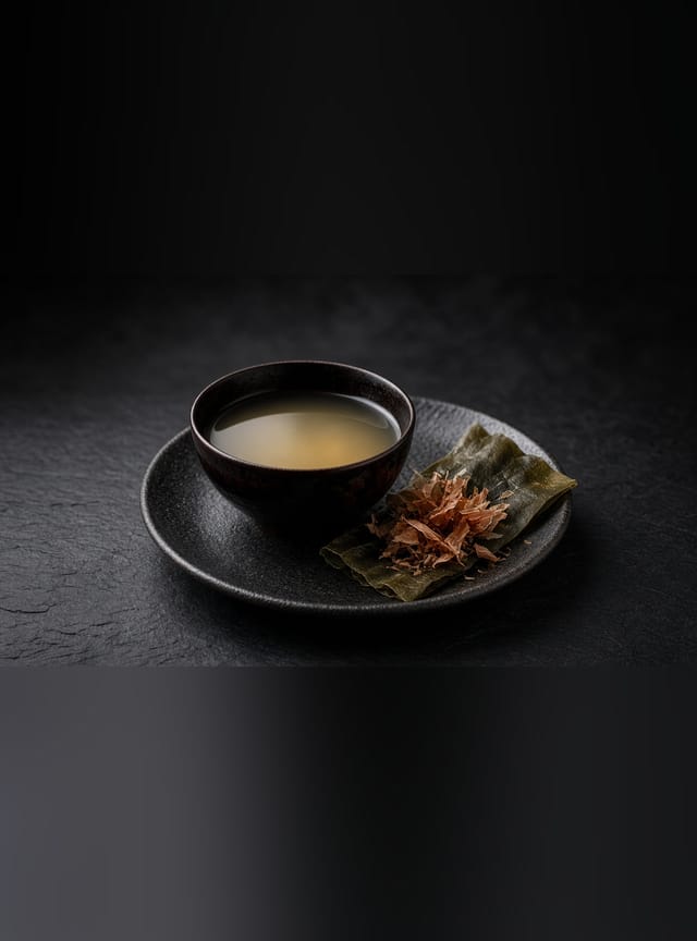 A small dark bowl of clear pale golden dashi stock beside a sheet of dried kombu topped with pink bonito flakes.