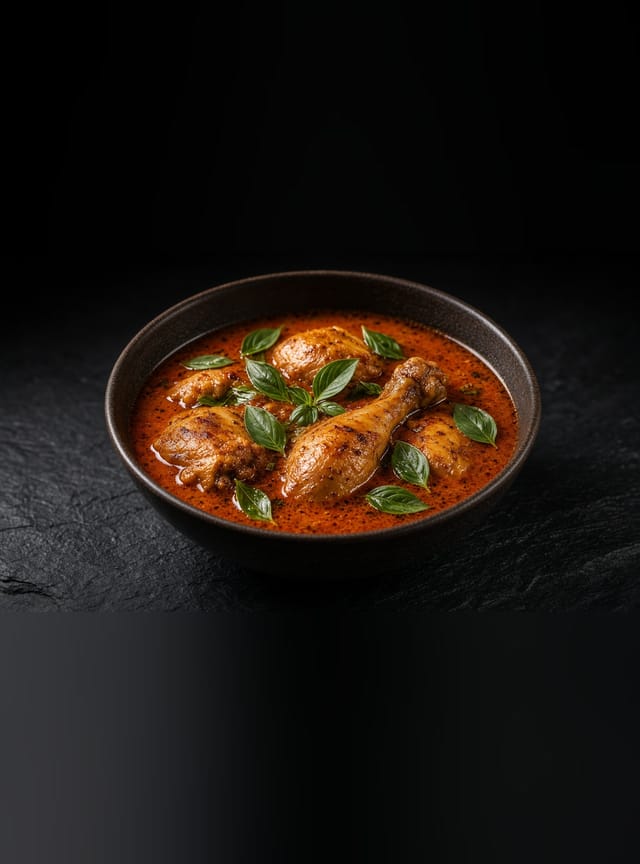 A bowl of orange-red pepper soup with chicken drumsticks and fresh basil leaves.