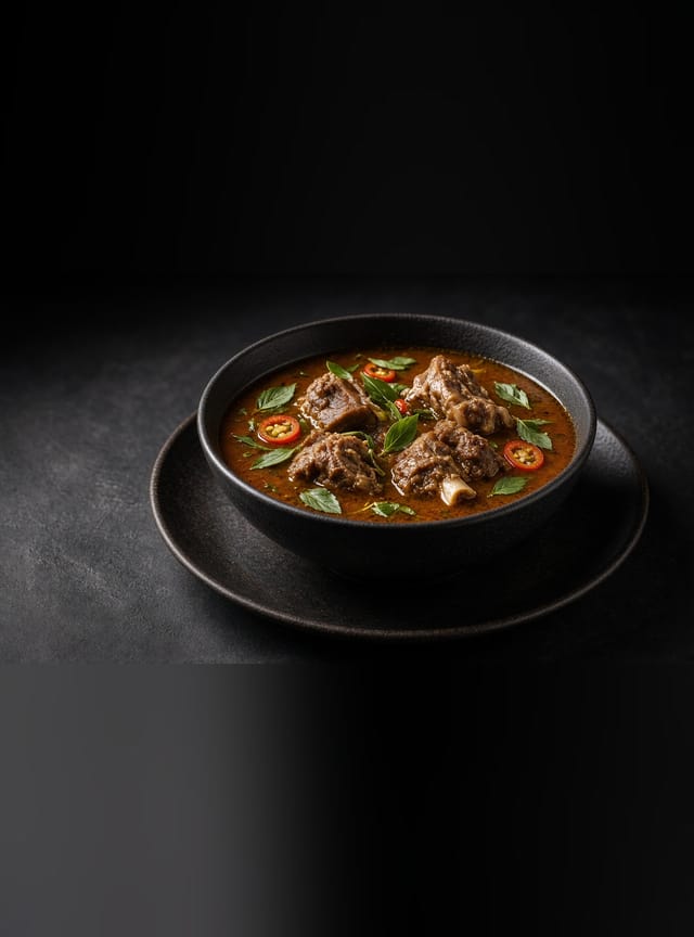 A bowl of dark red-brown pepper soup with bone-in goat pieces, scent leaves and slices of red chilli.