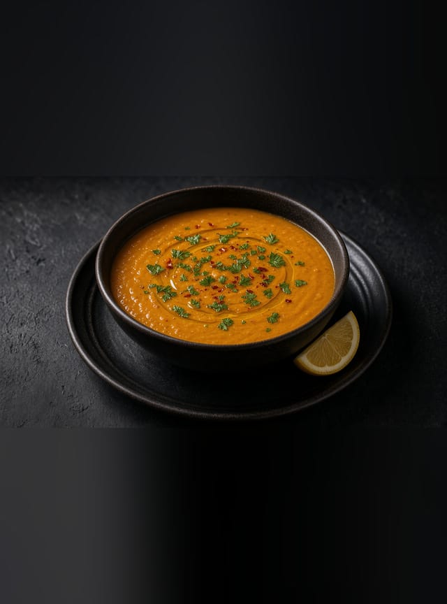 A bowl of smooth red-orange lentil soup with a swirl of olive oil, chopped parsley and a few chilli flakes, with a lemon wedge on the plate.