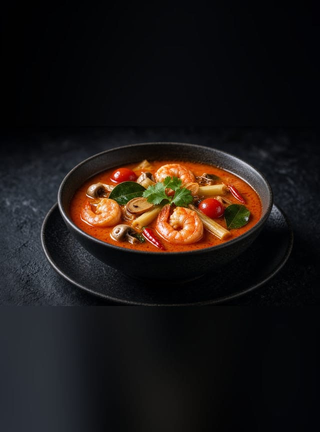 A bowl of clear, reddish hot and sour broth with pink prawns, mushrooms, cherry tomatoes, lemongrass and coriander leaves.