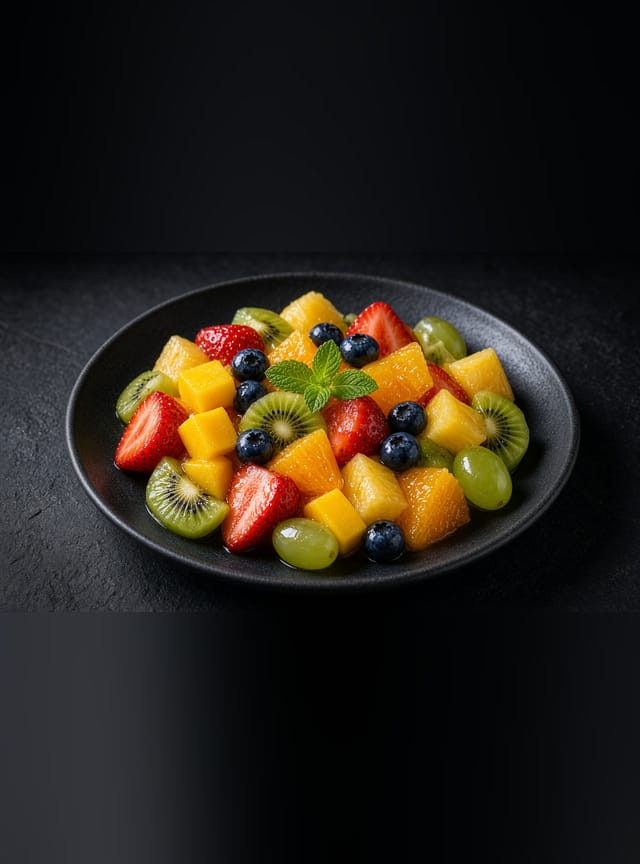 Chunks of mango, pineapple, kiwi, strawberries and blueberries with mint in a black bowl.
