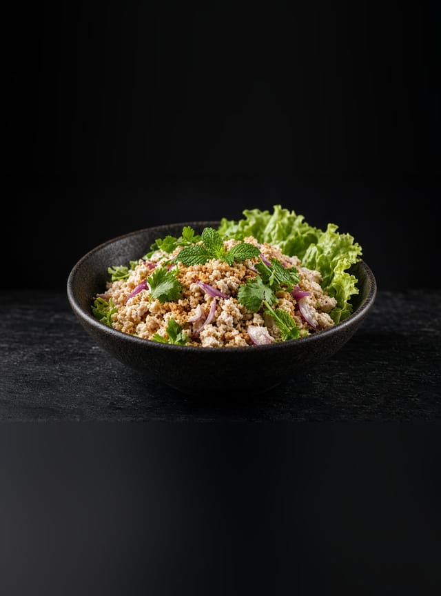 Minced chicken larb with mint, coriander and red onion in a black bowl with lettuce.