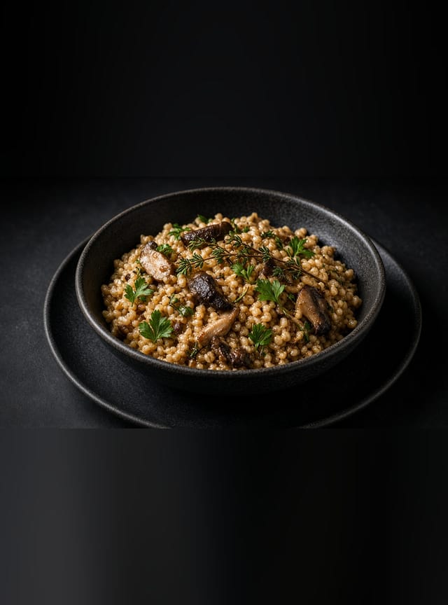 A bowl of plump pearl barley with browned sliced mushrooms and parsley leaves.