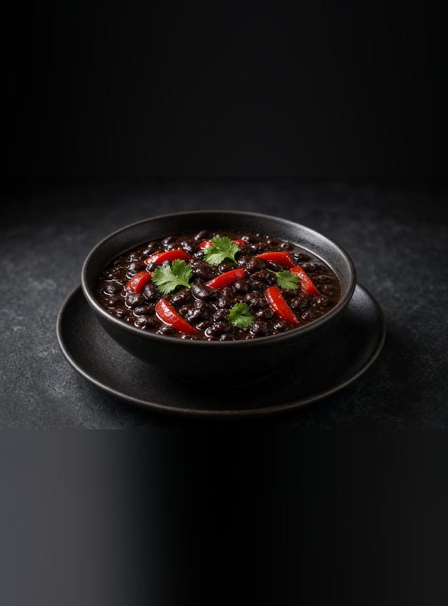 A bowl of thick, dark simmered black beans flecked with red pepper and topped with chopped coriander and pepper strips.