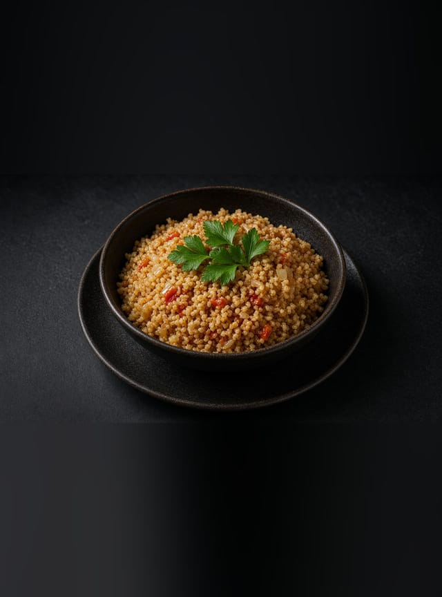 A pan of fluffy bulgur pilaf studded with browned mushrooms and flecked with chopped parsley.