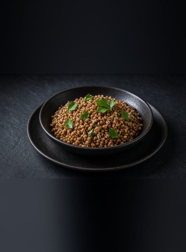A bowl of plump brown farro grains glossy with olive oil and scattered with parsley leaves.