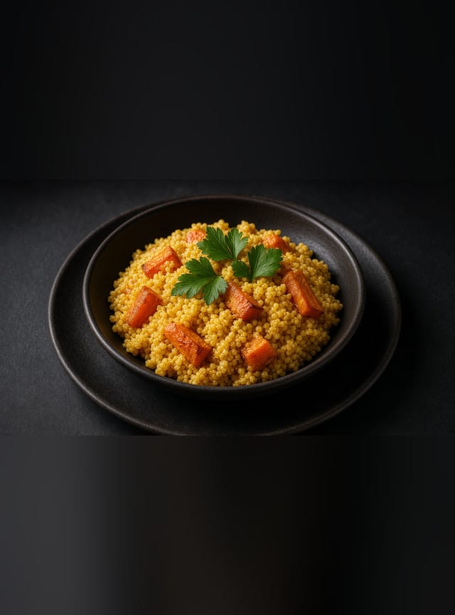 A bowl of golden curried millet pilaf scattered with raisins, toasted almonds and chopped herbs, topped with a dollop of yoghurt.
