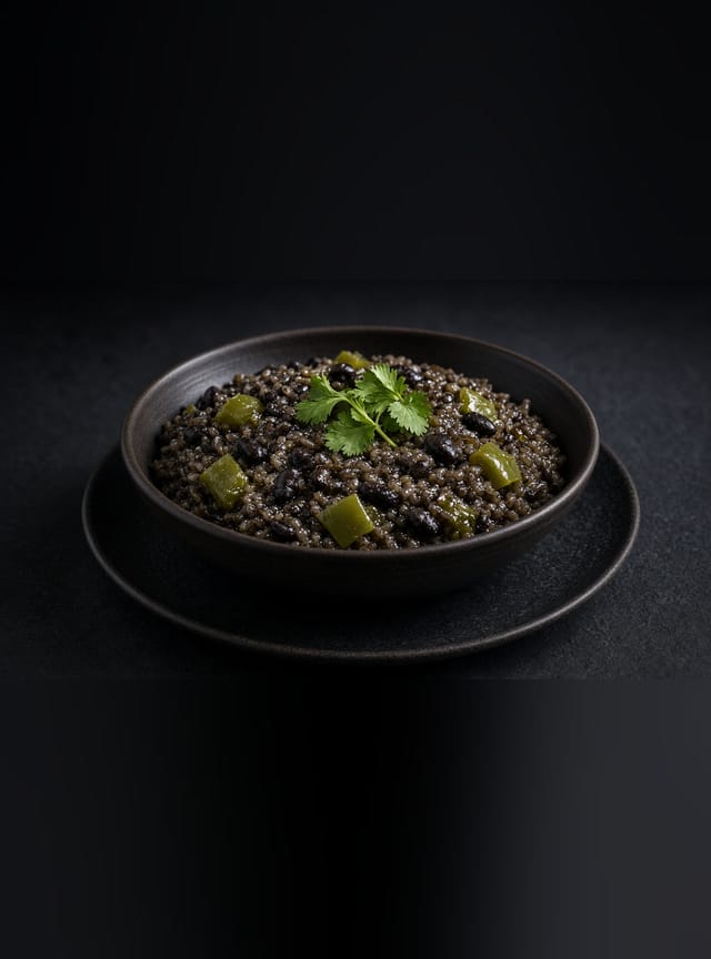 Dark rice cooked with black beans, flecked with diced green pepper and coriander.