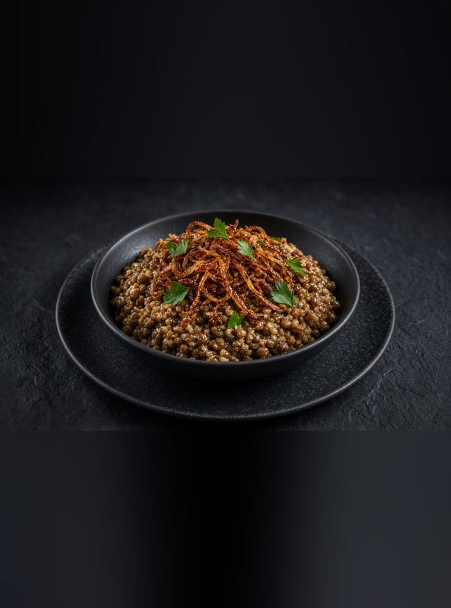 A platter of spiced rice and brown lentils heaped with deep golden crispy fried onions and parsley.