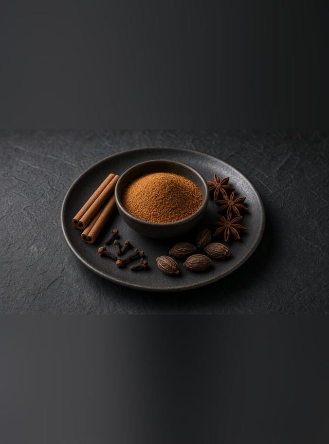 A small dark bowl of fine brown garam masala surrounded by cinnamon sticks, star anise, cloves and cardamom pods.