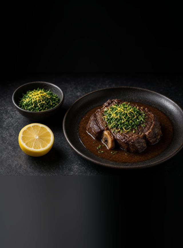 A bowl of bright green gremolata beside braised beef shank topped with it and a lemon.