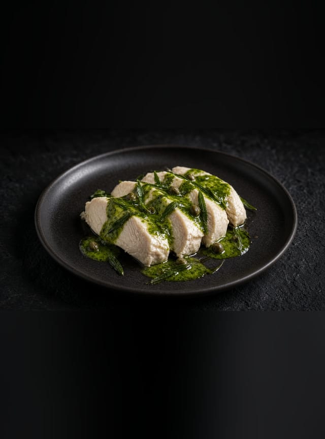 A pale, flaky piece of poached fish topped with a colourful, chunky tomato and herb dressing.