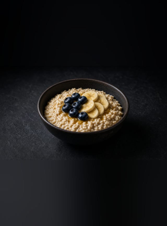 A dark bowl of creamy oat porridge topped with banana slices and blueberries.