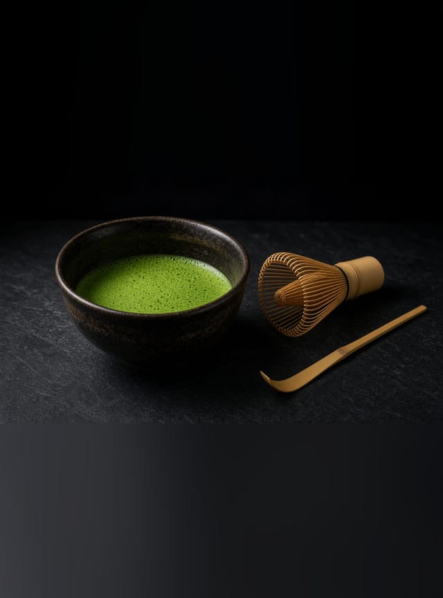 A dark bowl of frothy bright green matcha with a bamboo whisk and scoop.
